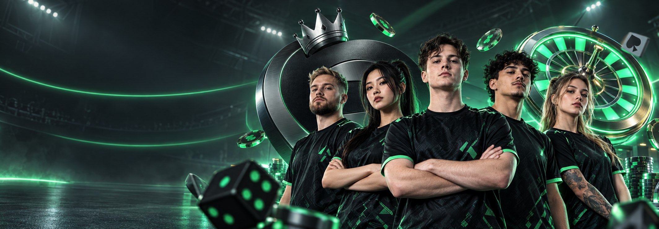 Grüne Gaming-Arena mit Team und leuchtendem Rad